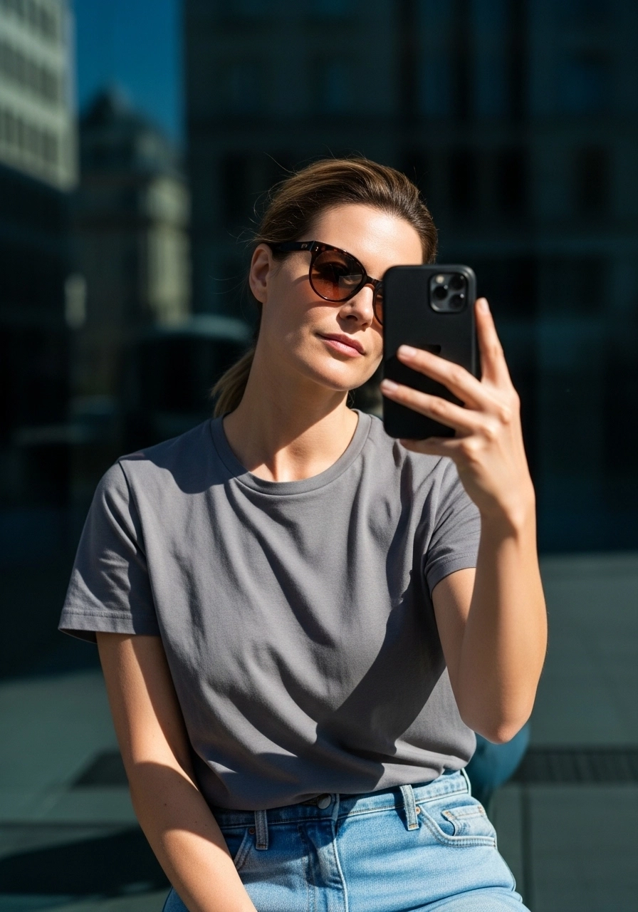 A spontaneous selfie, portrait, captures a french woman. She wears a casual, comfortable t-shirt and jeans, featuring realistic fabric wrinkles and genuine textures. Her facial expression is casually neutral yet engaging directly with the camera lens, framed by sleek, softly tousled hair. Bright natural sunlight casts authentic shadows, highlights her skin's subtle gleam, and enhances the reflective glass background. The scene embodies relaxed, stylish social media selfie aesthetics with genuine skin textures and detailed city reflections, emphasizing playful urban expressiveness and casual confidence. A hyper-realistic photograph with razor-sharp focus, intricate textures, natural lighting.
