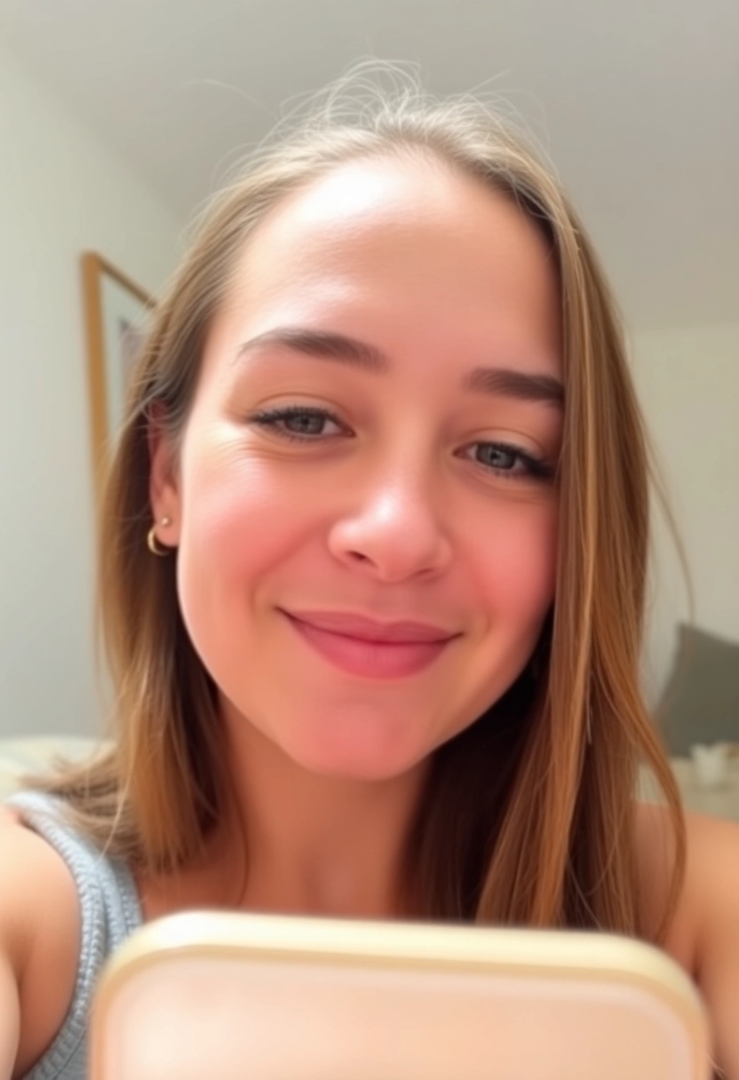 A candid, natural-looking selfie of a person, taken with a smartphone. The subject has a relaxed, genuine expression, possibly a soft smile. The lighting is soft and natural, suggesting an indoor setting like a living room or bedroom, or an outdoor casual environment. The composition should feel personal and unposed, with a slightly close-up perspective as if taken spontaneously by the individual themselves. Emphasize authenticity and everyday realism.