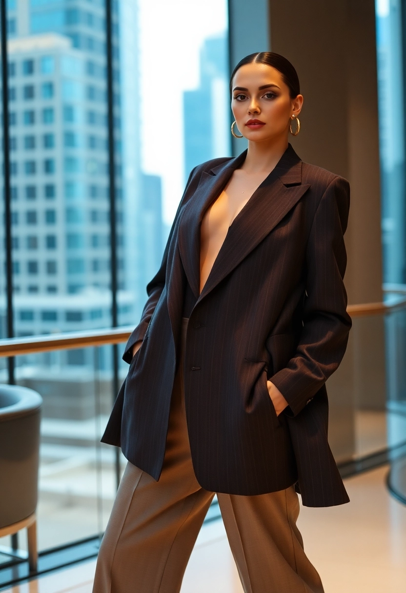 A high-fashion editorial photograph of a person exuding sophisticated elegance. They are impeccably dressed in a chic, minimalist ensemble, striking a confident and poised pose. The setting is a luxurious, modern urban backdrop or a sleek, tastefully designed interior with clean lines. Soft, flattering lighting emphasizes their features and the high-quality textures of their attire. The composition is clean and artistic, with a shallow depth of field, creating a refined, magazine-quality aesthetic that captures contemporary style and grace.
