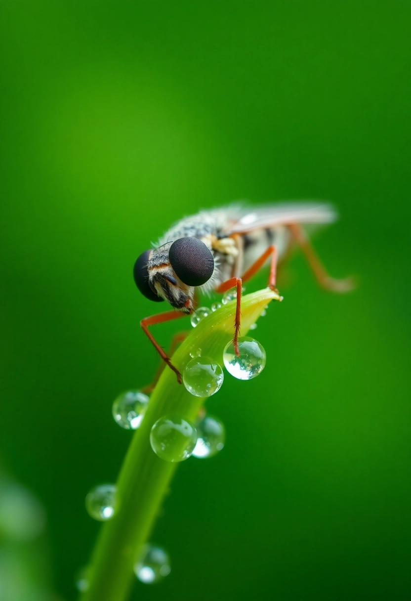 Extreme close-up macro photograph of a tiny insect resting on a blade of grass, covered in glistening morning dew drops. Focus is razor-sharp on the insect's intricate eye facets and delicate hairs, with a beautiful, soft bokeh background showing a blurred, vibrant green. The light is soft and diffused, highlighting the tiny water droplets clinging to the insect and the grass, creating a sense of wonder and immense detail. The composition emphasizes the smallness of the subject within its environment, revealing textures and patterns invisible to the naked eye.