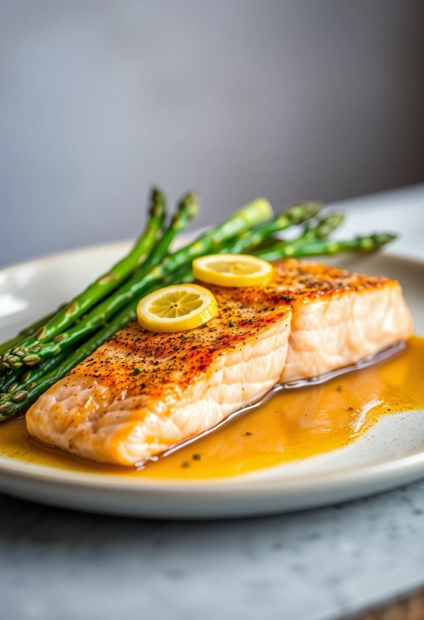 A professional, high-resolution food photograph capturing an exquisitely plated gourmet dish, such as a seared salmon with roasted asparagus and lemon confit. The image should feature soft, diffused natural lighting highlighting the vibrant colors and intricate textures of the ingredients. Utilize a shallow depth of field to keep the food in sharp focus against a subtly blurred, complementary background. The composition should be artful and inviting, emphasizing the freshness and deliciousness, suitable for a culinary magazine cover.