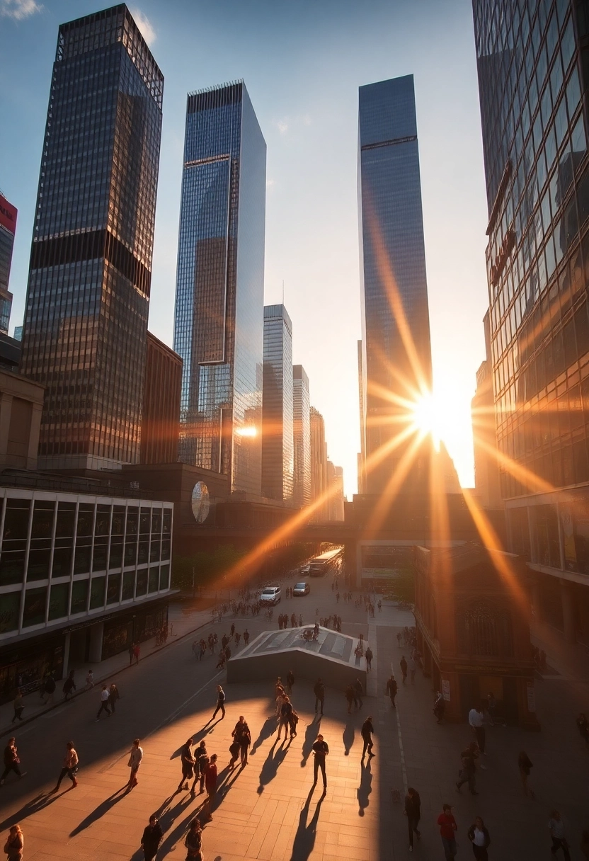 Vibrant cityscape bathed in warm, golden sunlight, showcasing modern architectural marvels and glass skyscrapers reflecting the bright sky. Long, sharp shadows stretch across a bustling urban square with people moving about, creating a dynamic sense of light and activity. The atmosphere is clear and optimistic, highlighting intricate details of buildings and street life under a brilliant sun.