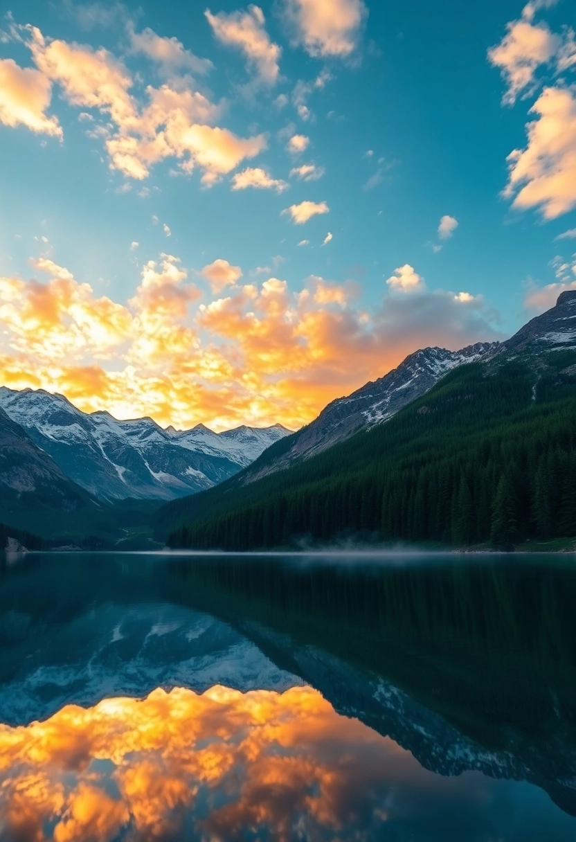 A breathtaking wide-angle shot of a pristine alpine lake at golden hour, reflecting towering snow-capped mountains and a vibrant, cloud-streaked sky. The water is perfectly still, mirroring the warm hues of the setting sun – oranges, purples, and soft yellows. Lush coniferous forests line the shore, their deep greens contrasting with the bright sky. A gentle mist rises from the far end of the lake, adding to the ethereal atmosphere. The scene evokes a sense of profound tranquility and natural grandeur.