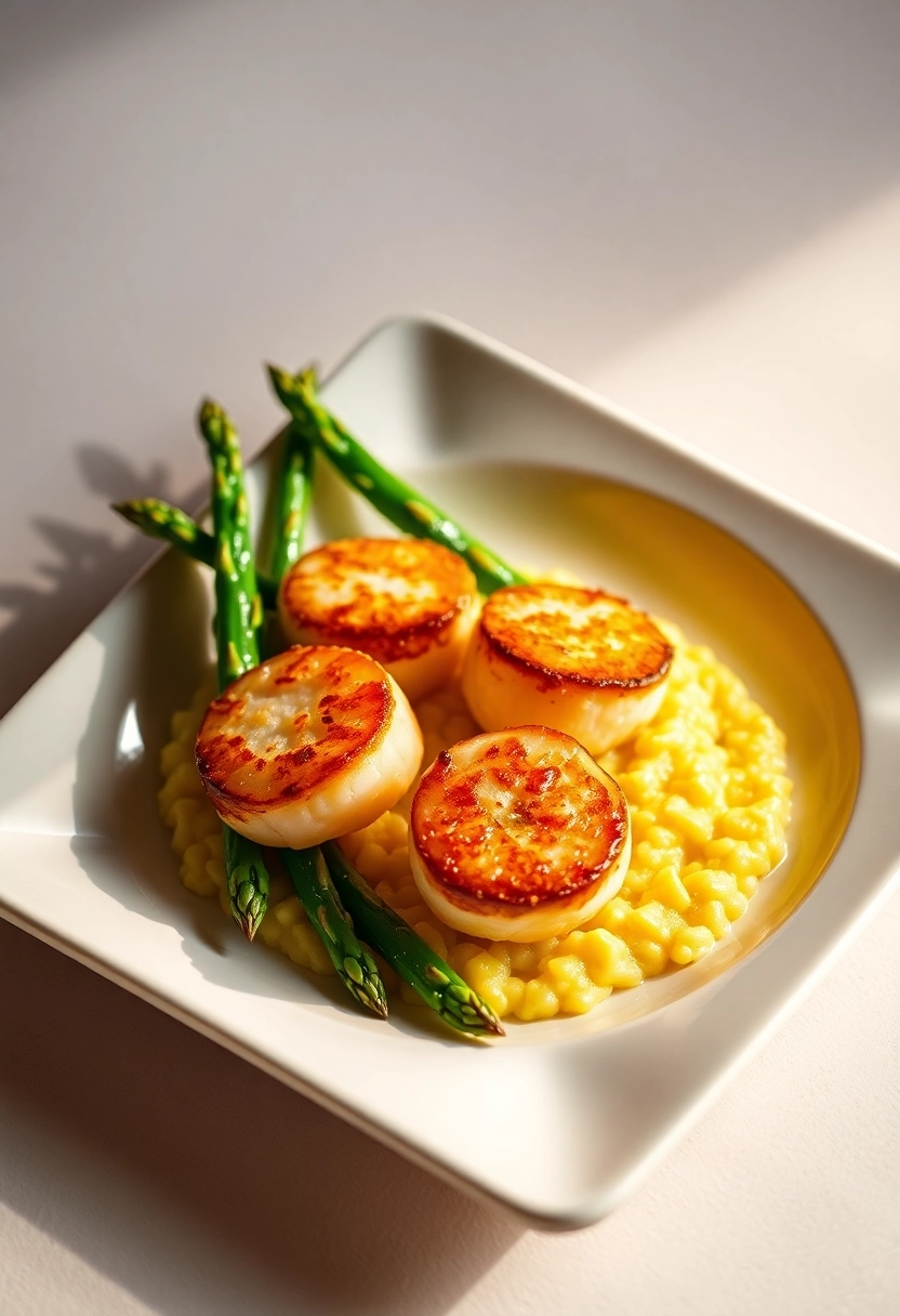 A professional food photograph of a gourmet dish. Imagine a perfectly seared scallops dish, artfully arranged on a minimalist white ceramic plate. The scallops are golden brown, accompanied by vibrant green asparagus spears and a delicate saffron risotto. The lighting is soft, diffused, and warm, coming from the side to highlight the textures and create subtle, inviting shadows. The background is a clean, neutral tone, slightly out of focus, ensuring the dish is the absolute focal point. The image should evoke a sense of deliciousness and refined culinary art, emphasizing the freshness and visual appeal of the ingredients with rich, natural colors.