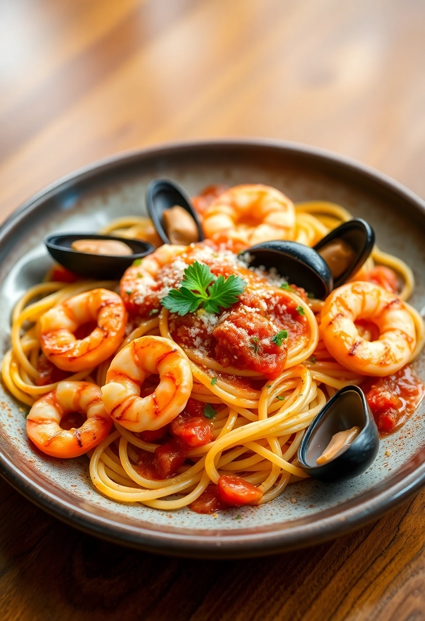 A close-up, top-down shot of a beautifully plated gourmet seafood pasta dish. The pasta is perfectly al dente, glistening with a rich tomato-based sauce, intertwined with succulent grilled shrimp, tender mussels, and a sprinkle of fresh parsley. The dish is presented on a rustic ceramic plate, set against a blurred, warm wooden table background. Soft, natural window light illuminates the food from the side, highlighting its textures and vibrant colors, creating a mouth-watering and inviting atmosphere.