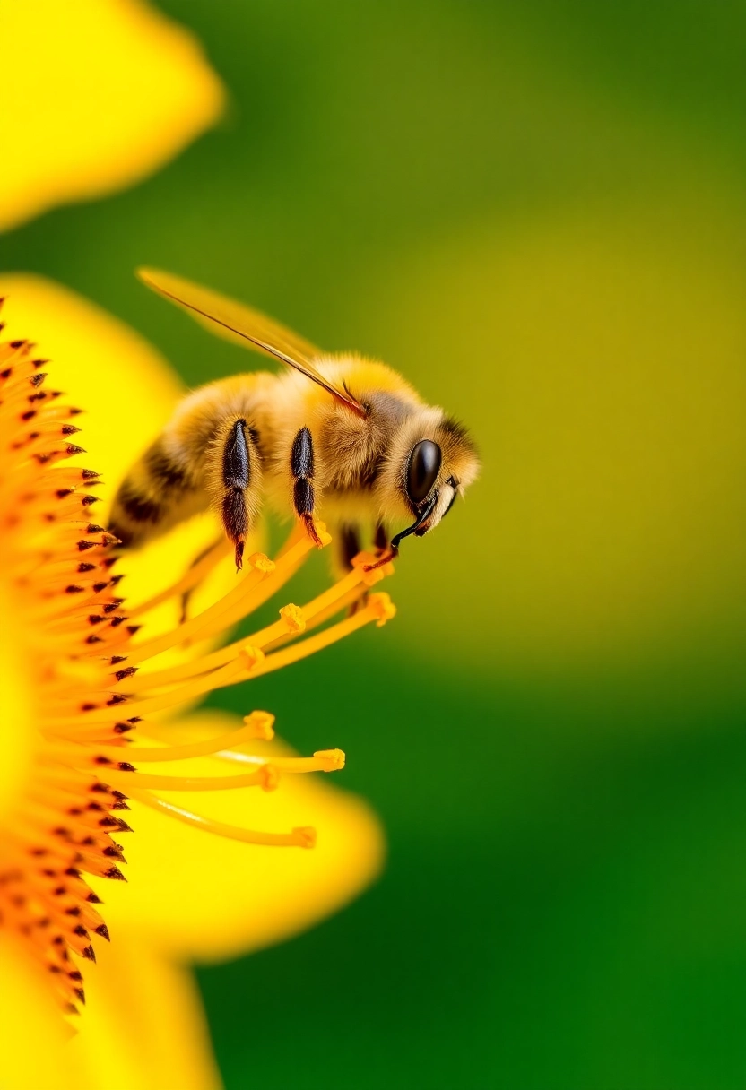 An extreme macro photograph capturing a honeybee with pollen baskets full of vibrant orange pollen, perched delicately on the stamen of a bright yellow sunflower. The focus is incredibly sharp on the bee's tiny hairs, compound eyes, and the individual pollen grains, revealing intricate textures and details. The background is a deeply blurred, creamy bokeh of green and yellow, highlighting the bee as the sole subject. Soft, natural sunlight illuminates the scene, creating subtle highlights and shadows that emphasize the three-dimensional form of the bee and flower parts.