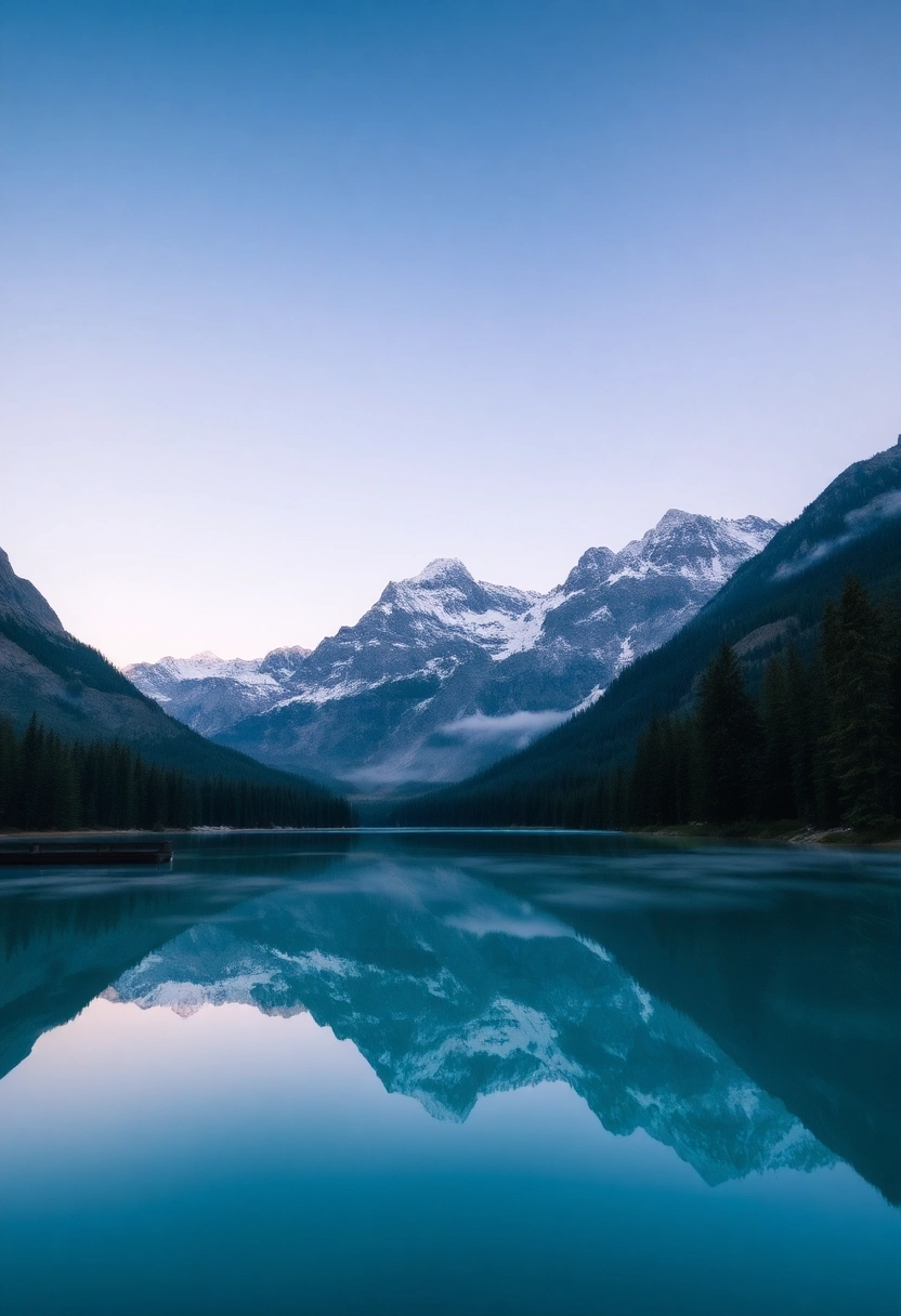 A breathtaking wide-angle shot of a serene alpine lake nestled deep within a majestic mountain range at dawn. The sky is a gradient of soft pastels – pre-sunrise blues, purples, and faint pinks – just beginning to illuminate the jagged, snow-capped peaks. The crystal-clear lake perfectly mirrors the sky and mountains, creating a stunning reflection. Ancient evergreen trees densely line the shore, their dark silhouettes adding depth to the foreground. A gentle mist hovers over the water's surface, enhancing the tranquil and ethereal atmosphere. The scene is bathed in soft, natural light, emphasizing the grandeur and untouched beauty of nature. High resolution, ultra-realistic, natural colors.