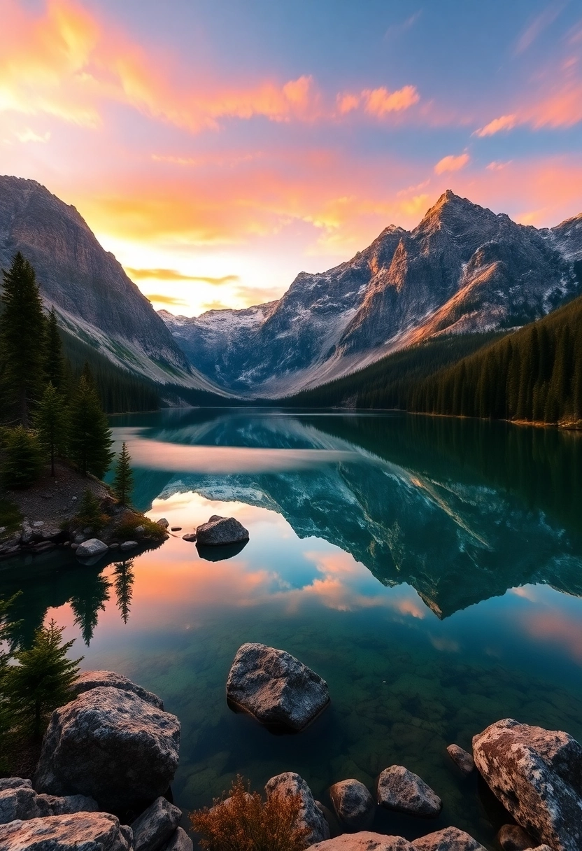 A breathtaking wide-angle landscape photograph capturing a serene, crystal-clear mountain lake at golden hour. Majestic, rugged peaks are perfectly reflected on the calm water surface, bathed in warm, soft light. The sky above is painted with vibrant hues of orange, pink, and purple as the sun sets behind the distant horizon. Dense, ancient pine forests line the shores of the lake, with a few scattered, weathered rocks adding foreground interest. A gentle, ethereal mist drifts just above the water, enhancing the tranquil atmosphere. The composition emphasizes the vastness and grandeur of nature, with sharp focus throughout, highlighting the intricate textures of the mountains, trees, and water. Natural, earthy tones dominate, creating a sense of peace and epic scale. High resolution, professional nature photography.