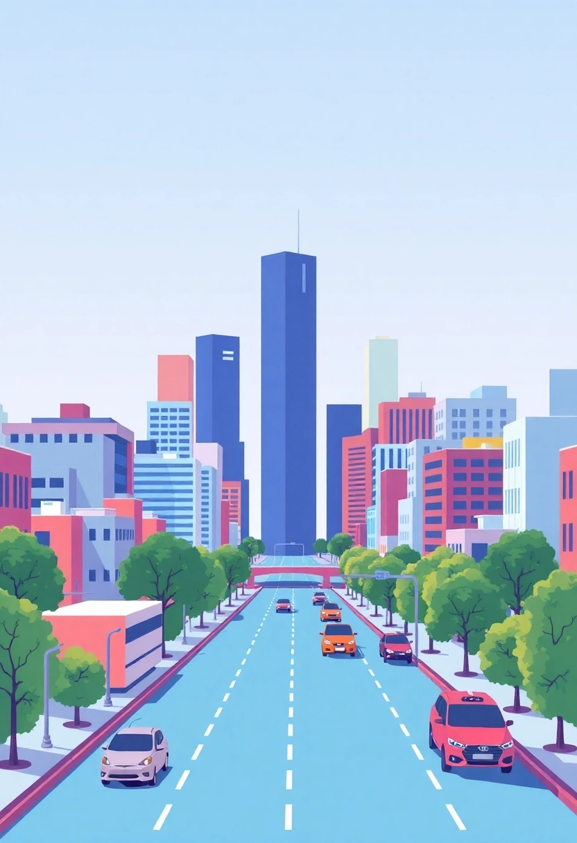 A vibrant 2D flat design illustration of a city skyline. The image should feature clean, sharp lines, solid block colors with no gradients or complex shading, and simple geometric shapes for buildings, trees, and vehicles. Emphasize a minimalist aesthetic with a focus on clarity and readability. The perspective should be entirely two-dimensional, without any depth or three-dimensional effects. The overall style is modern, graphic, and visually striking.