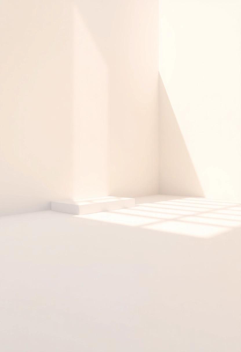 An ultra-minimalist composition bathed in abundant, warm natural sunlight. Focus on clean, architectural lines and expansive negative space. The color palette is restricted to soft whites, creams, and very light grays, with subtle golden hues from the sun. Dramatic, long shadows are cast by a single, simple geometric form, creating striking patterns across a pristine surface. The scene evokes a sense of calm, clarity, and elegant simplicity, emphasizing the interplay of light and shadow as the primary subject.