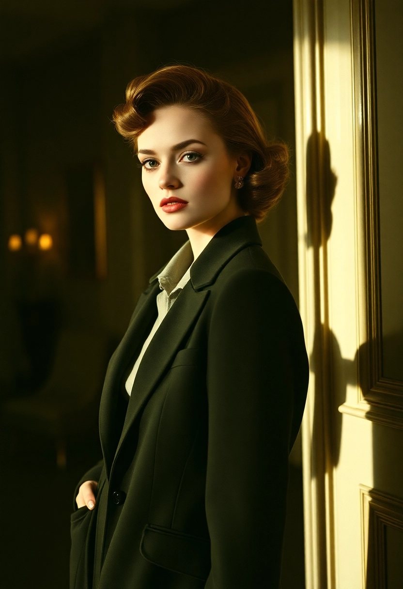 A vintage fashion editorial photograph capturing the essence of 1950s-1960s magazine aesthetics. A sophisticated model, impeccably styled with period-appropriate hair and makeup, poses in elegant, tailored clothing. The setting is a classic, refined environment, bathed in dramatic, high-contrast lighting that creates deep shadows and luminous highlights. The image should feature a subtle film grain, a muted or classic black and white color palette, and a strong, artful composition, conveying timeless glamour and poise.
