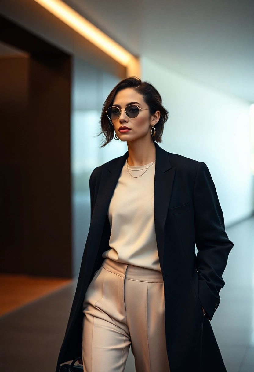 A sophisticated and minimalist photograph capturing a person elegantly dressed in contemporary fashion, walking through a sleek urban environment. The lighting is soft and diffused, creating a refined ambiance. Focus on clean lines, muted color palettes with subtle contrasts, and a sense of understated luxury. The composition is artful and balanced, emphasizing modern aesthetics and high-end style. Professional editorial photography.