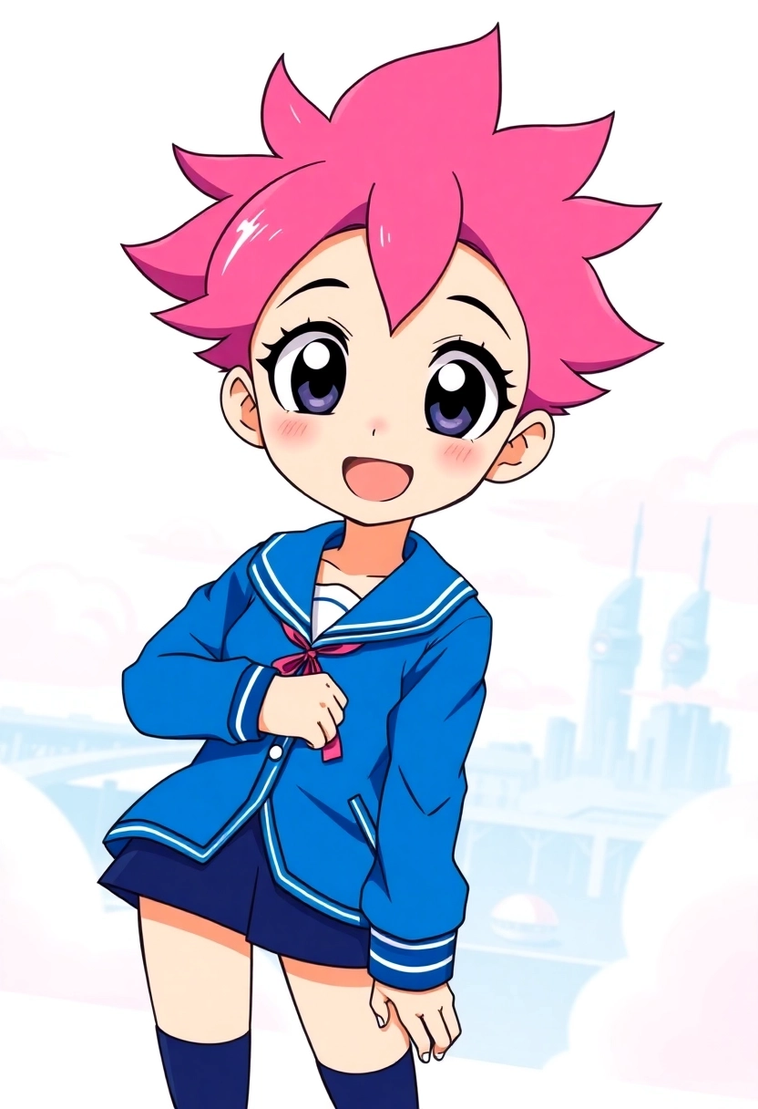 A cheerful young anime girl with large, expressive eyes and spiky pink hair, wearing a vibrant blue uniform. She is standing in a dynamic pose, with a bright, stylized background featuring soft, pastel-colored clouds and a distant, futuristic city skyline. The art style is clean and crisp, characteristic of a high-quality animated cartoon, with strong outlines and bright, flat colors.