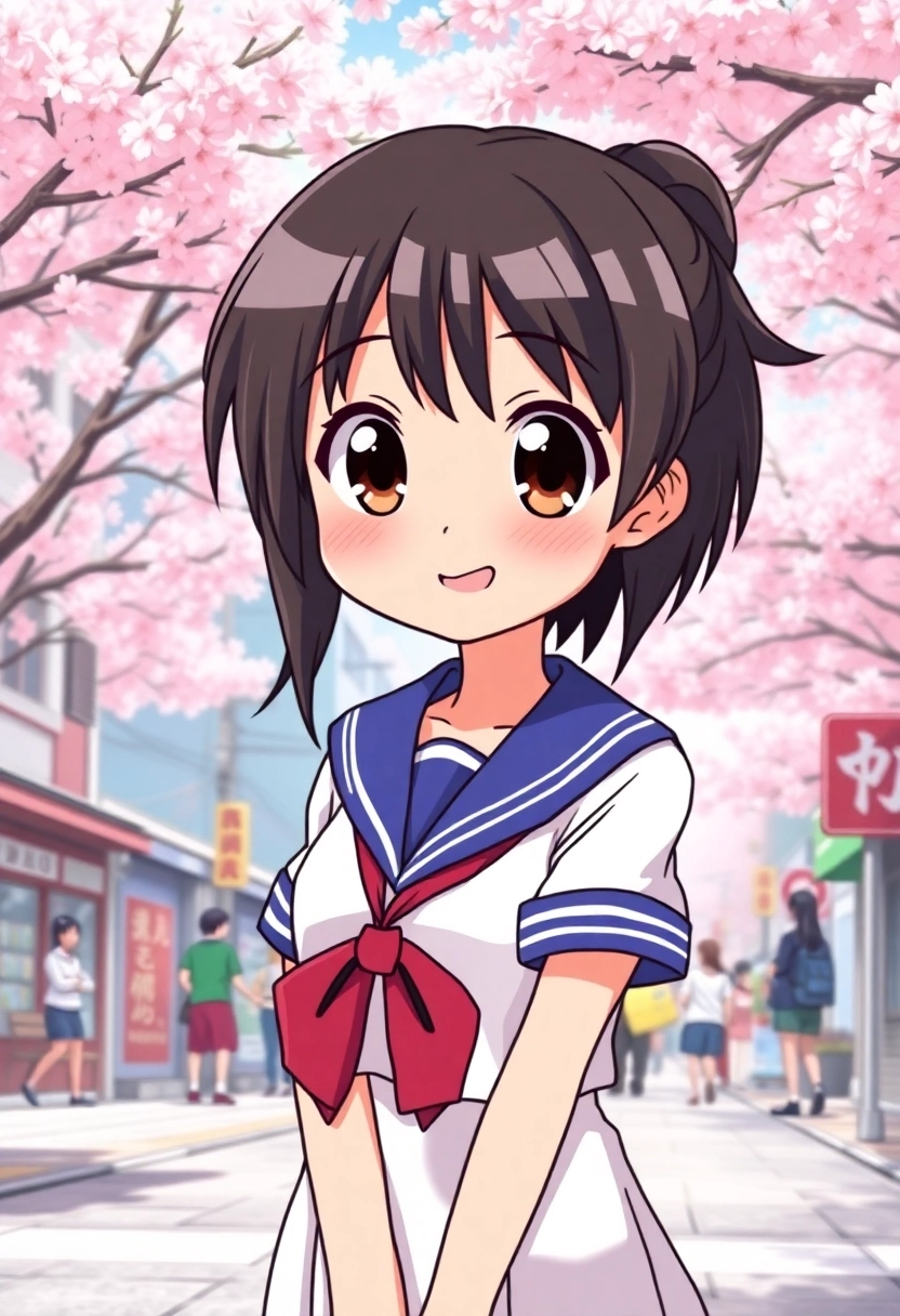 A cheerful Japanese anime schoolgirl with large, expressive eyes, wearing a traditional sailor uniform, standing on a bustling city street with cherry blossom trees in the background. The art style should be reminiscent of classic 90s anime, with clean lines, bright colors, and dynamic poses, capturing a sense of youthful energy and adventure, depicted in a cartoon style.