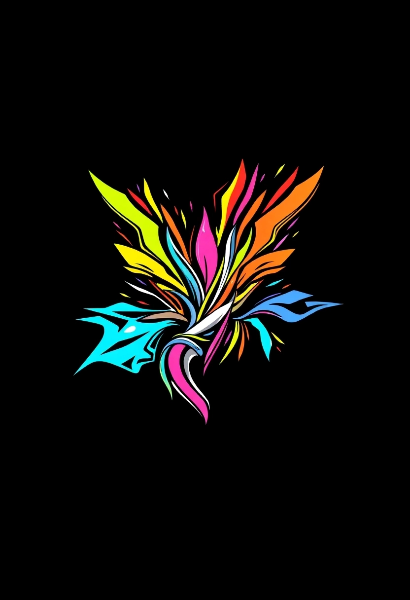 A bold and eye-catching graphic t-shirt design. The design features a stylized, vibrant illustration or abstract pattern, rendered with clean lines and strong contrast. It uses a high-impact color palette, such as bright neon colors, radiant metallics, or stark whites, to stand out dramatically. The entire design is presented on a solid, pure black background, suitable for apparel printing, with a crisp, modern aesthetic.